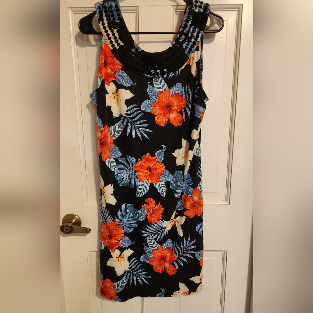 Tommy Bahama Black Dress with Orange Hibiscus and Blue-Green Leaves, Size M